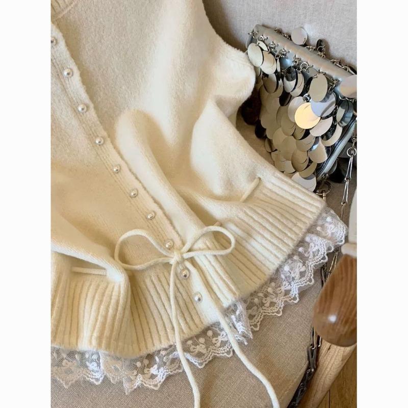 Sweater Vest Coats Women Patchwork Lace Lower Hem Lace-up Knitwear Cardigan Pearl Buckle Loose Sleeveless Round Neck Waistcoats