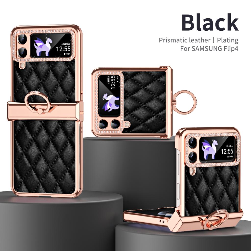 Glitter Leather Ring Holder Case For Samsung Galaxy Z Flip 4 Flip4 5G Folding Cover Hinge Camera Shockproof Bling Cover Fundas
