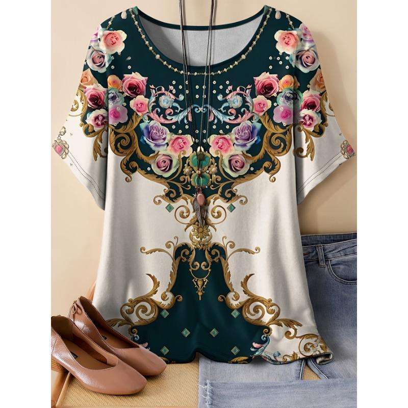 Large Size Plant Pattern Short Sleeve Crew Neck T-shirt