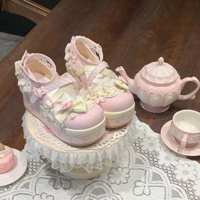 Urocze Dziewczęce Lolita Płaskie Platformy Uczennice Słodkie Truskawkowe Koronkowe Mary Janes Buty na Podwyższeniu