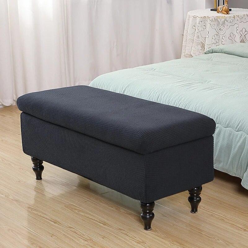 Solid Color Storage Ottoman Covers Rectangle Elastic Bedside Footstool Cover Non-Slip Polar Fleece Footrest Seat Bench Slipcover