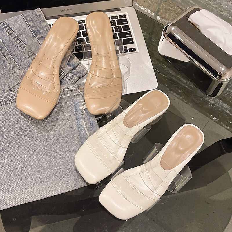 Thick Heel Crystal Heel Fashion Sandals 2025 Summer New Internet Celebrity Word with Transparent Thick Heel Cool Slippers Women's Wear