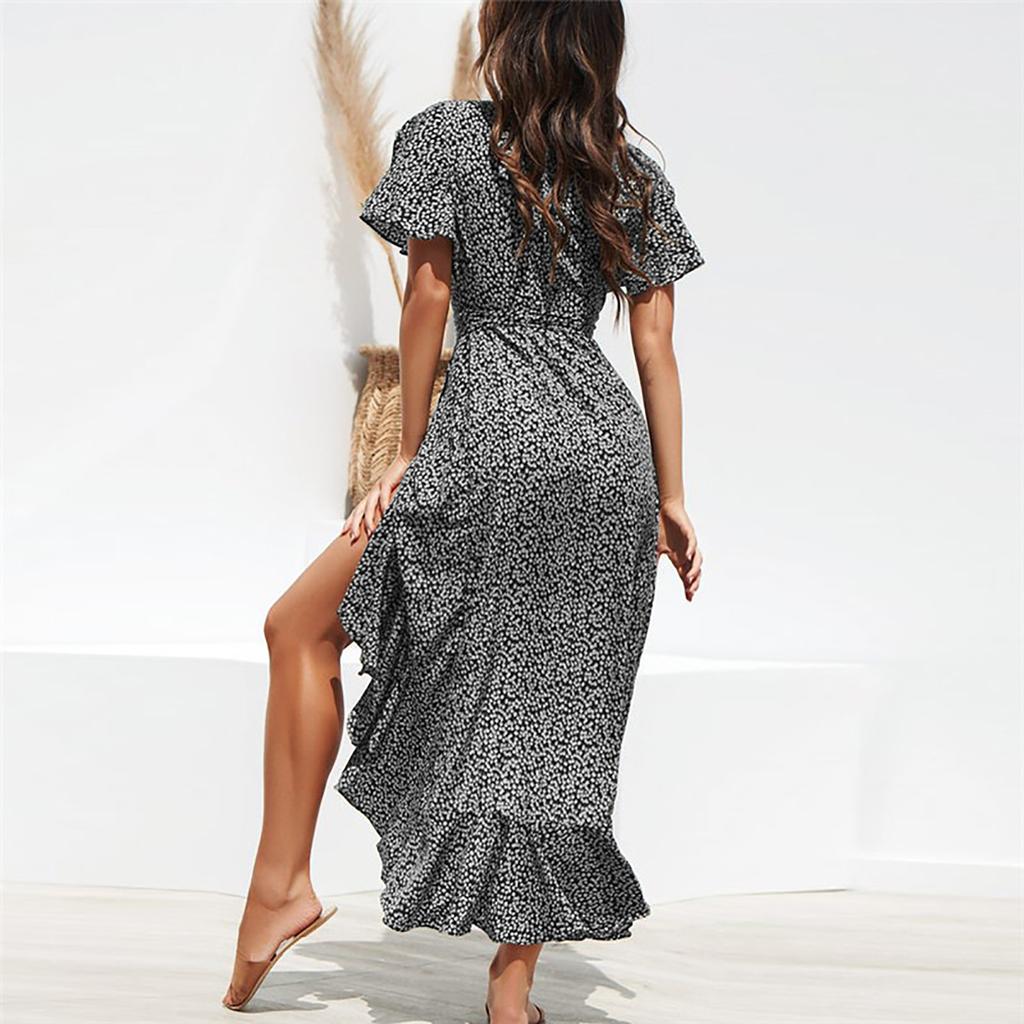 Women's Summer Casual Print  Short-sleeve Sexy Cross V-neck Side Zipper  Waist Lace-up Irregular Hem Split Ruffle Dress