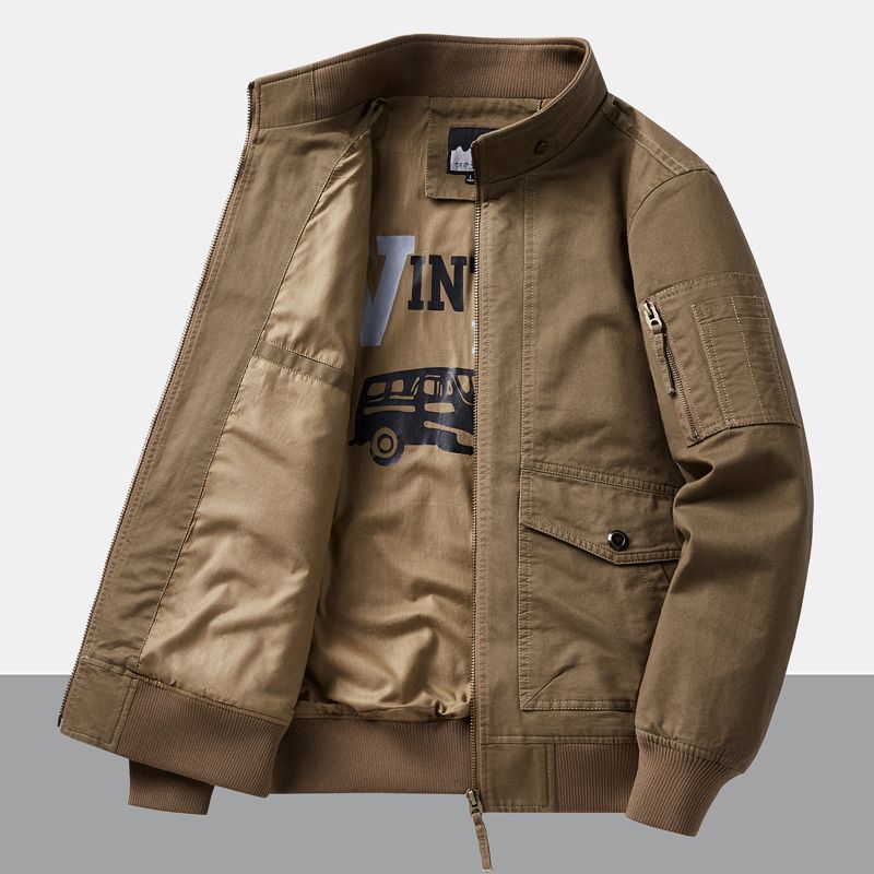 Men's Cotton Jacket Spring Autumn Solid Color Casual Loose Multi-pocket Outdoor Travel Stand Collar Top Men's Work Coat
