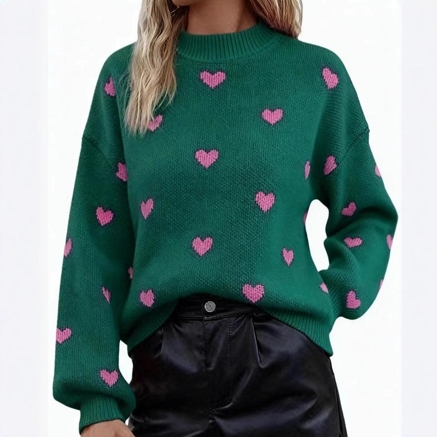 Women's European & American Autumn/Winter Heart Knit Pullover - Long Sleeve, Round Neck, Casual Style
