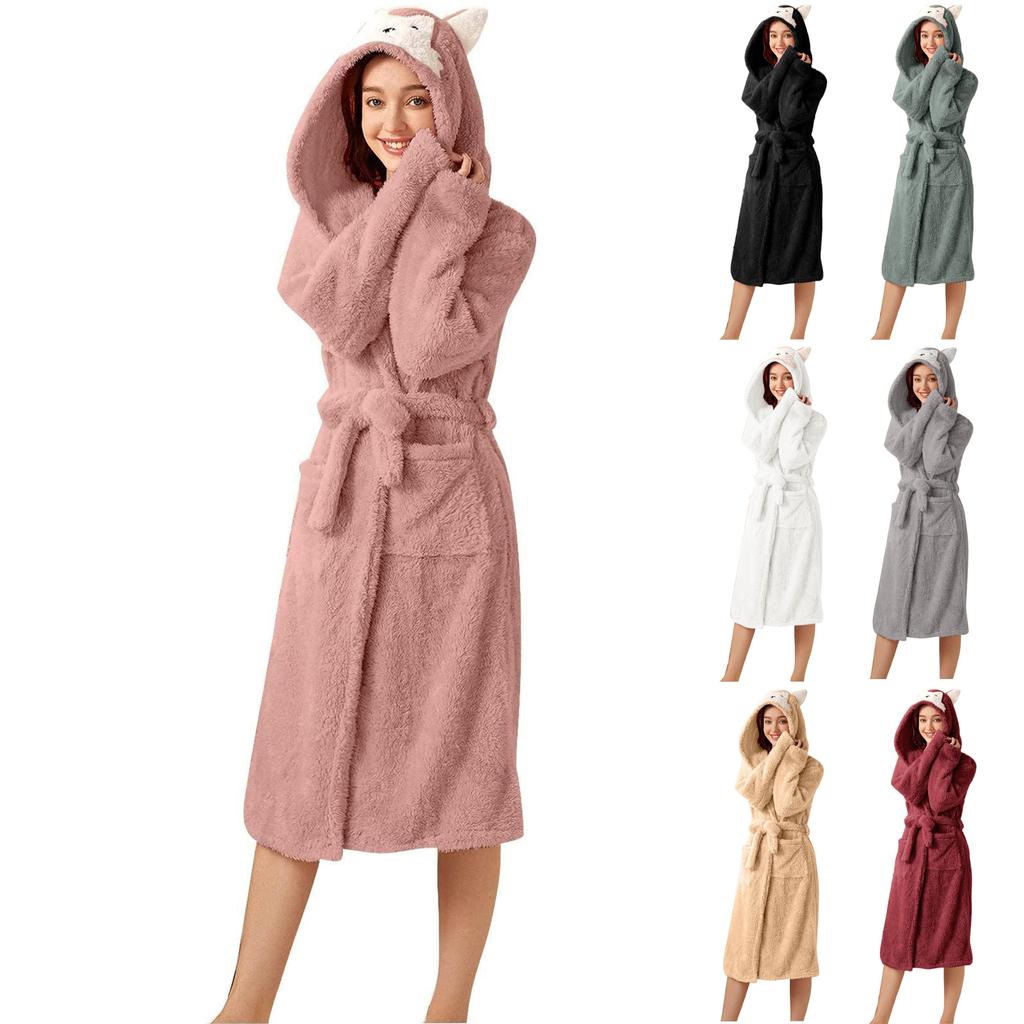 Women's Fleece-Lined Pocket Ear Cap Solid Color Bathrobe