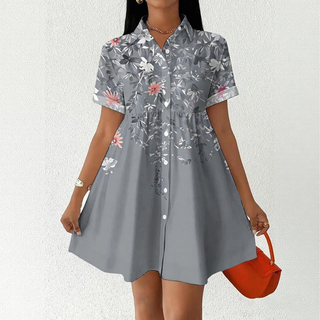 Casual Loose Fit Shirt Dress for Women Button Front Short Sleeve Collared Dress Lightweight Comfortable Summer Dress