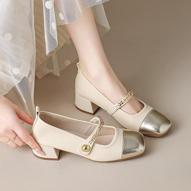 Fashion gold leather patchwork med- high heels shoes woman metal chains pumps ankle strap mary janes shoes tacones big size 43