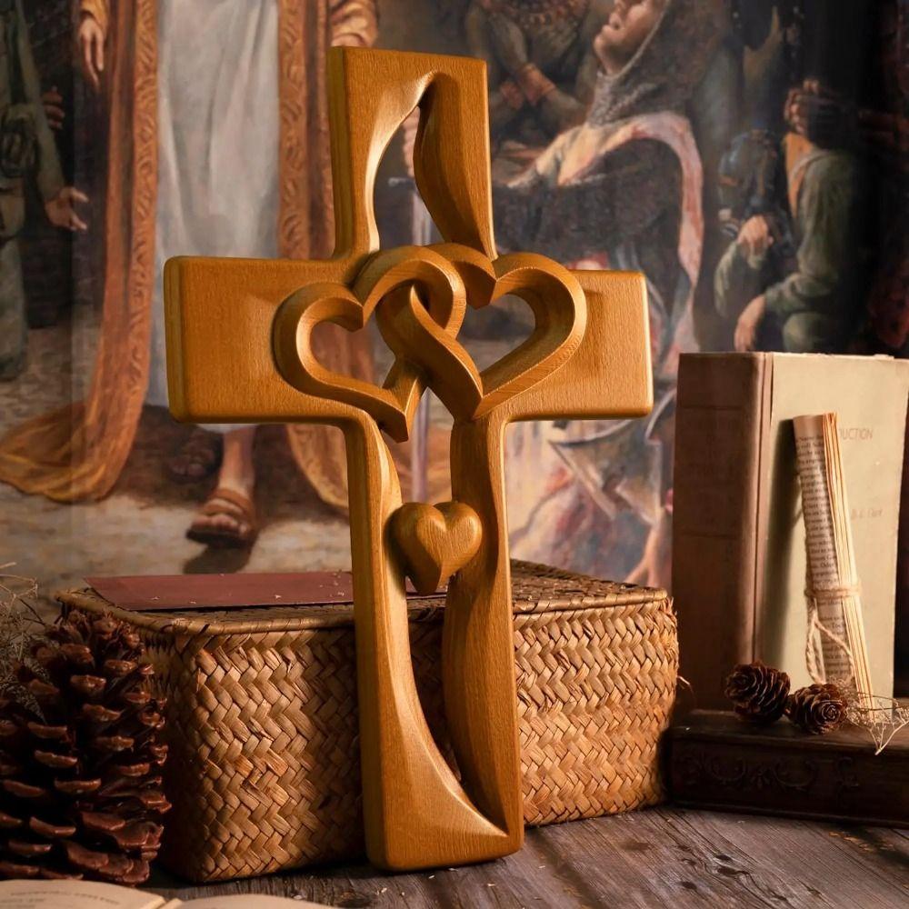 Valentine's Day Intertwined Heart Wooden Cross Solid Wood Log Cross Pendant  Christian