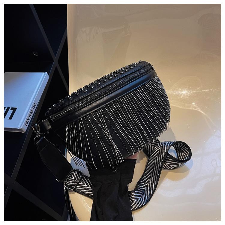 Rivet Small Bag Women's New Fashion Versatile Fringed Dumpling Bag Wide Shoulder Strap Women's Breast Bag Waist Bag