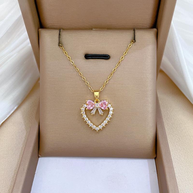 Stainless Steel Chain Sweet Romantic Love Heart Bow Pendant Necklace for Women Girls Lovely Jewelry Accessories Gifts for Lover