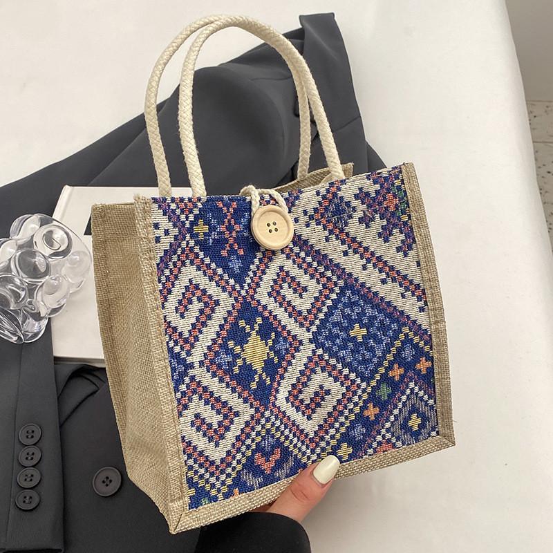 Fashionable Ethnic Style Canvas Bag For Women Small Square Bag With Button Closure