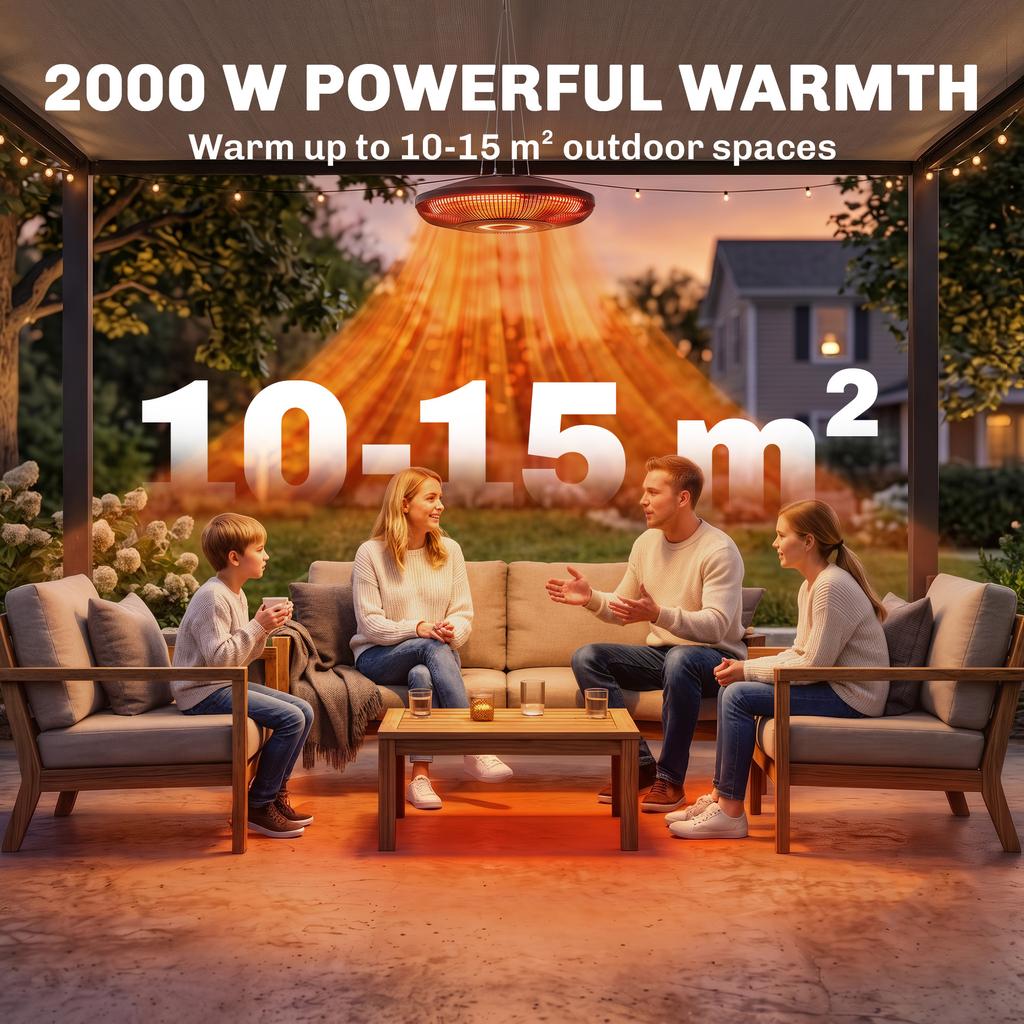 Hanging Electric Patio Heater with LED Light, 1000/2000 W IP65 Outdoor Infrared Heater with Touch/Remote Control, Black