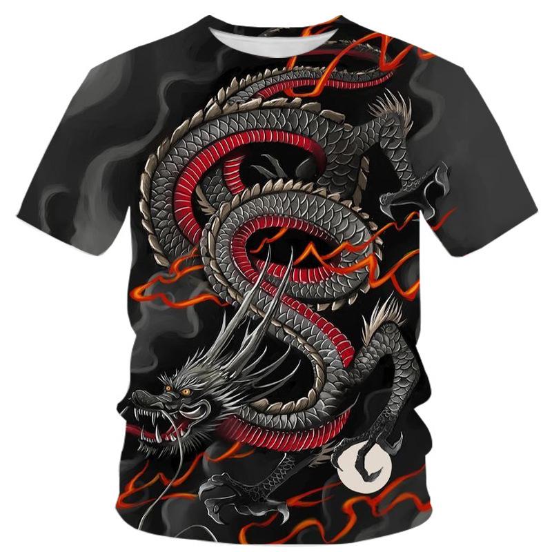 Summer Round Neck 3D Dragon Pattern Print Top Fashionable Casual Short Sleeved Men's T-shirts