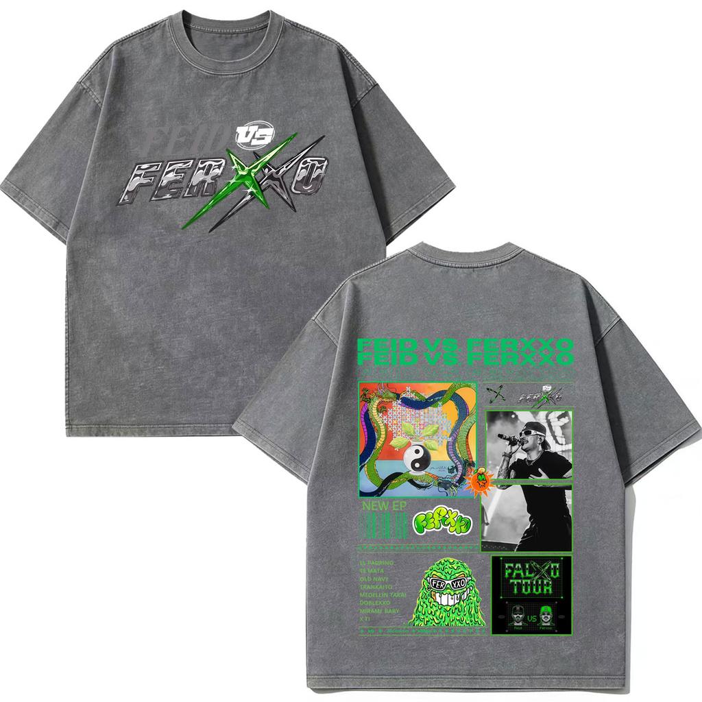 Rapper Feid Ferxxo Falxxo Tour 2026 Print Vintage Washed T-Shirt Herren Mode T-Shirt Kurzärmelig Lässig Baumwolle Lockere T-Shirts