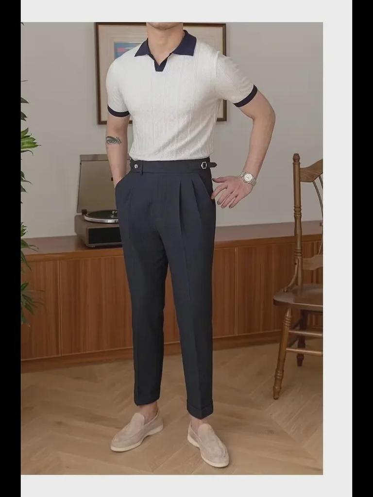 Trendy Italiaanse Kleurblok Polo voor Heren: Lichtgewicht, Ademend, Slim Fit, V-kraag, Jacquard Gebreide Korte Mouw