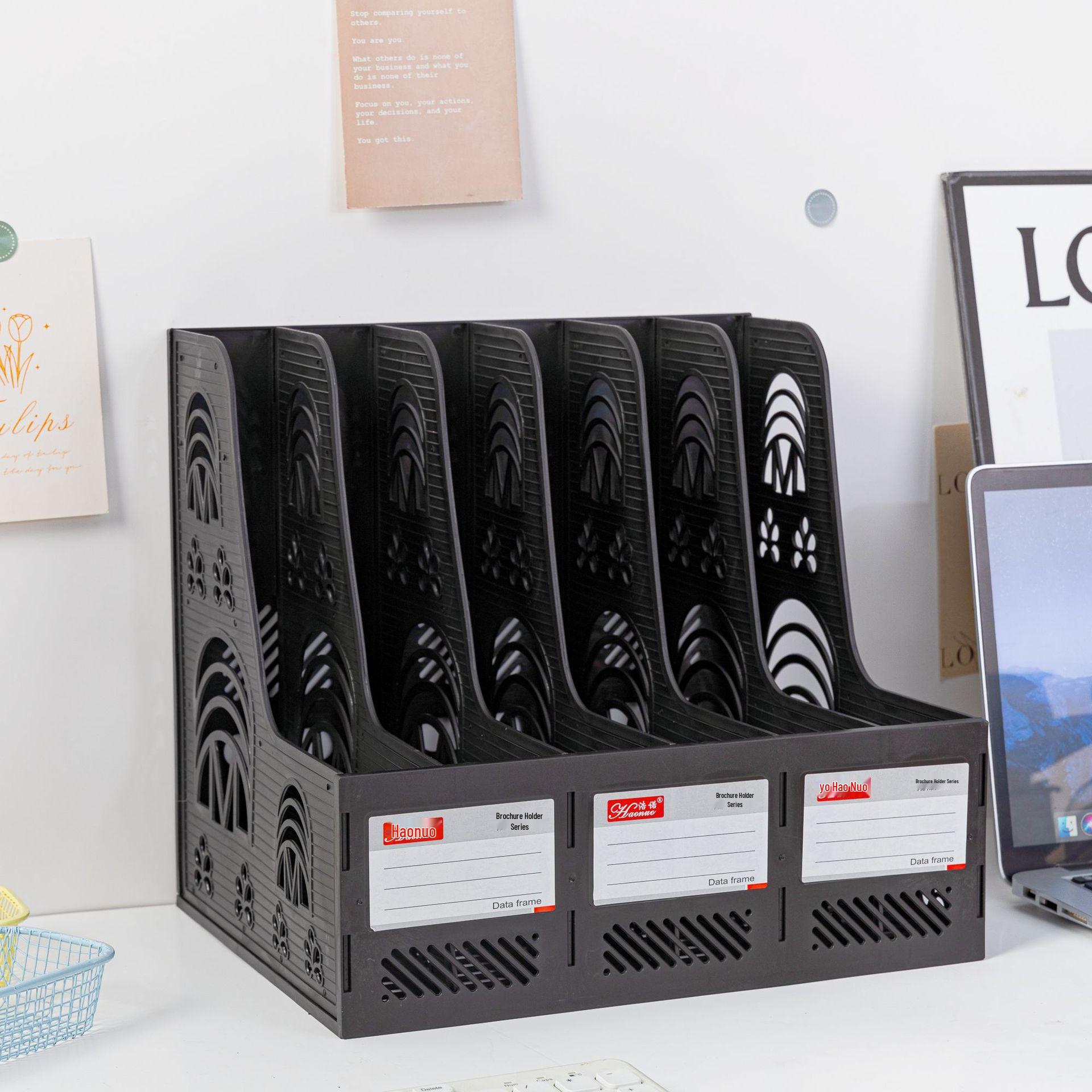 

Six-Section Desktop File Organizer: Plastic File Rack & Pocket Holder with Logo Printing for Office Storage. чорний