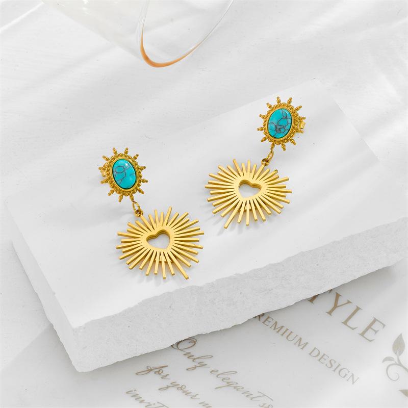 Gold Turquoise Sunburst Drop Earrings for Women
