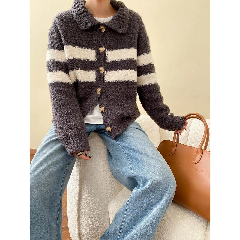 Cardigan tricotat cu dungi contrastante în două direcții Sinan SN6889