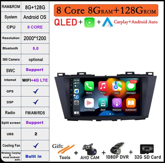 9'' QLED Screen Android 14 For Mazda 5 3 CW 2010 - 2015 Car Radio Multimedia Video Player Navigation GPS Android Carplay Stereo