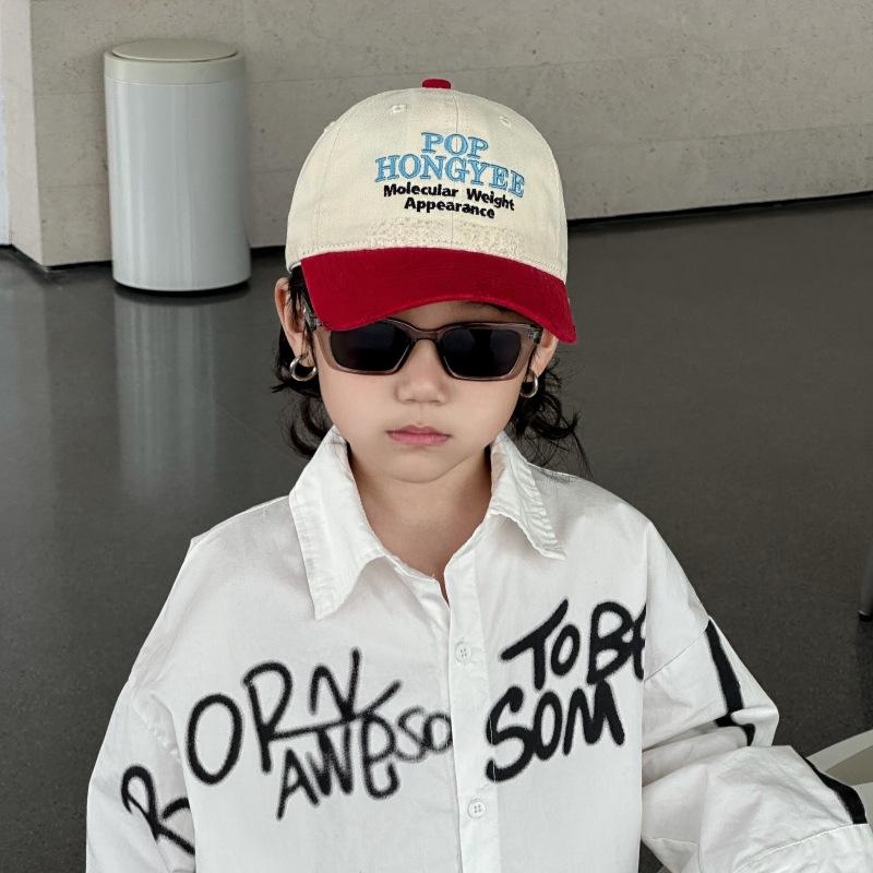 Children's American Retro Ripped and Fashionable Letter Embroidery Color blocking Bay Brim Spring and Autumn Soft Top Hat Casual Baseball Hat