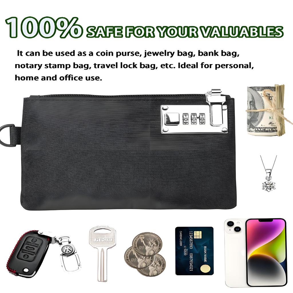 Heavy-Duty Lockable Security Pouch, 5x8 Inch Cash Bag for Money Jewelry Passports & Valuables, Durable Nylon Storage (Black)