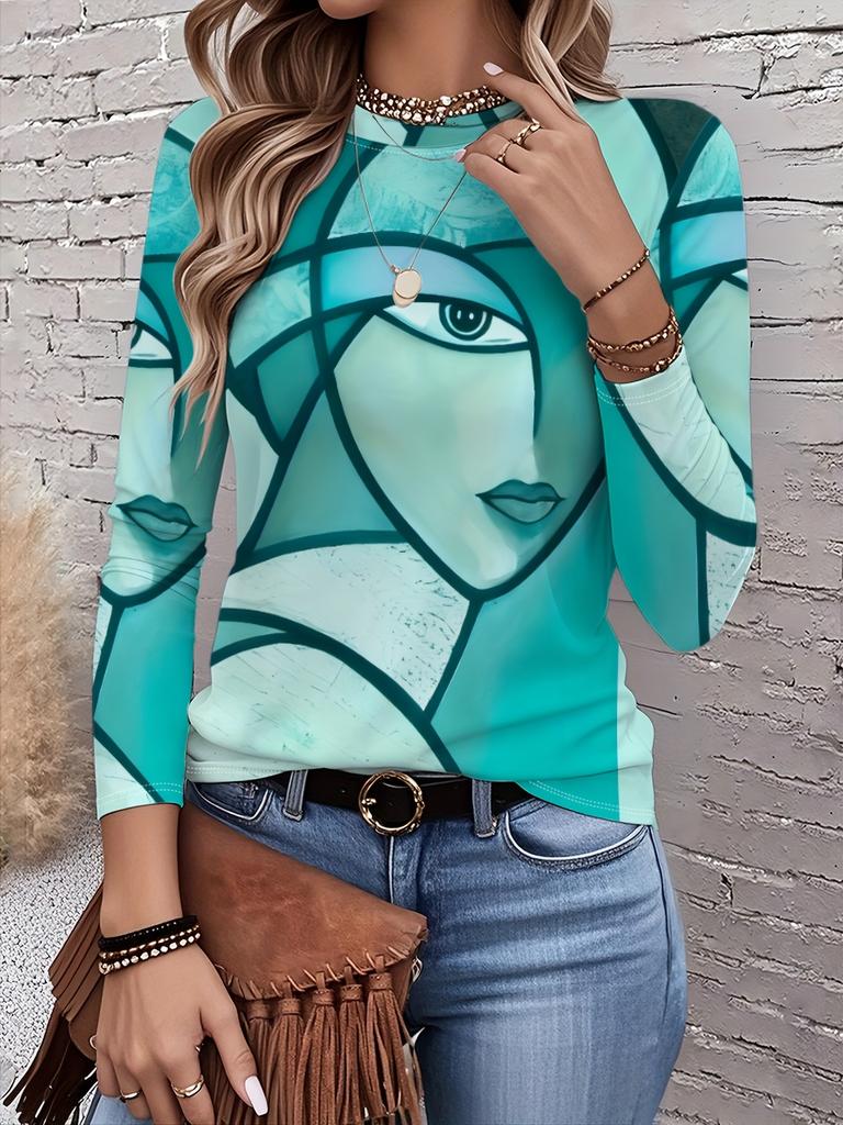 Women's Autumn Long-Sleeve T-Shirt, Artistic Geometric Print, Street Style Casual Crew Neck Pullover, Loose Fit Outdoor T-Shirt