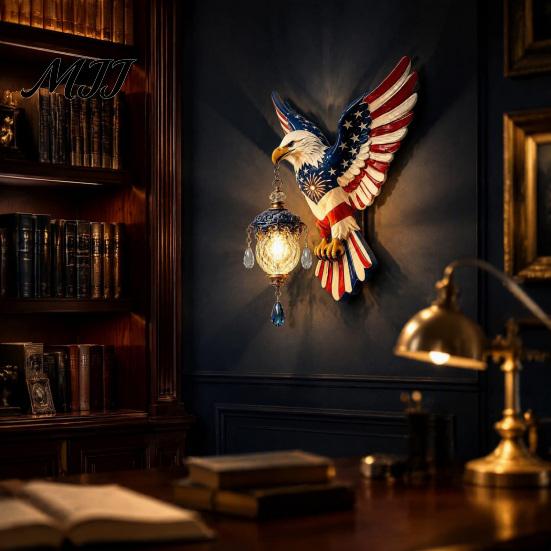 Entryway Decorative Wall Light Patriotic Bald Eagle Sconce Light, 3D Relief Sculpture Mount Lamp, American Theme Holiday Gift Flag Design with Warm &
