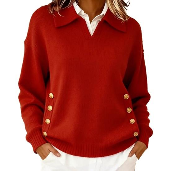 Damen Pullover Revers Langarm Locker Geschnitten Einfarbig Strickoberteile mit Knöpfen Taschen Herbst Winter Pullover