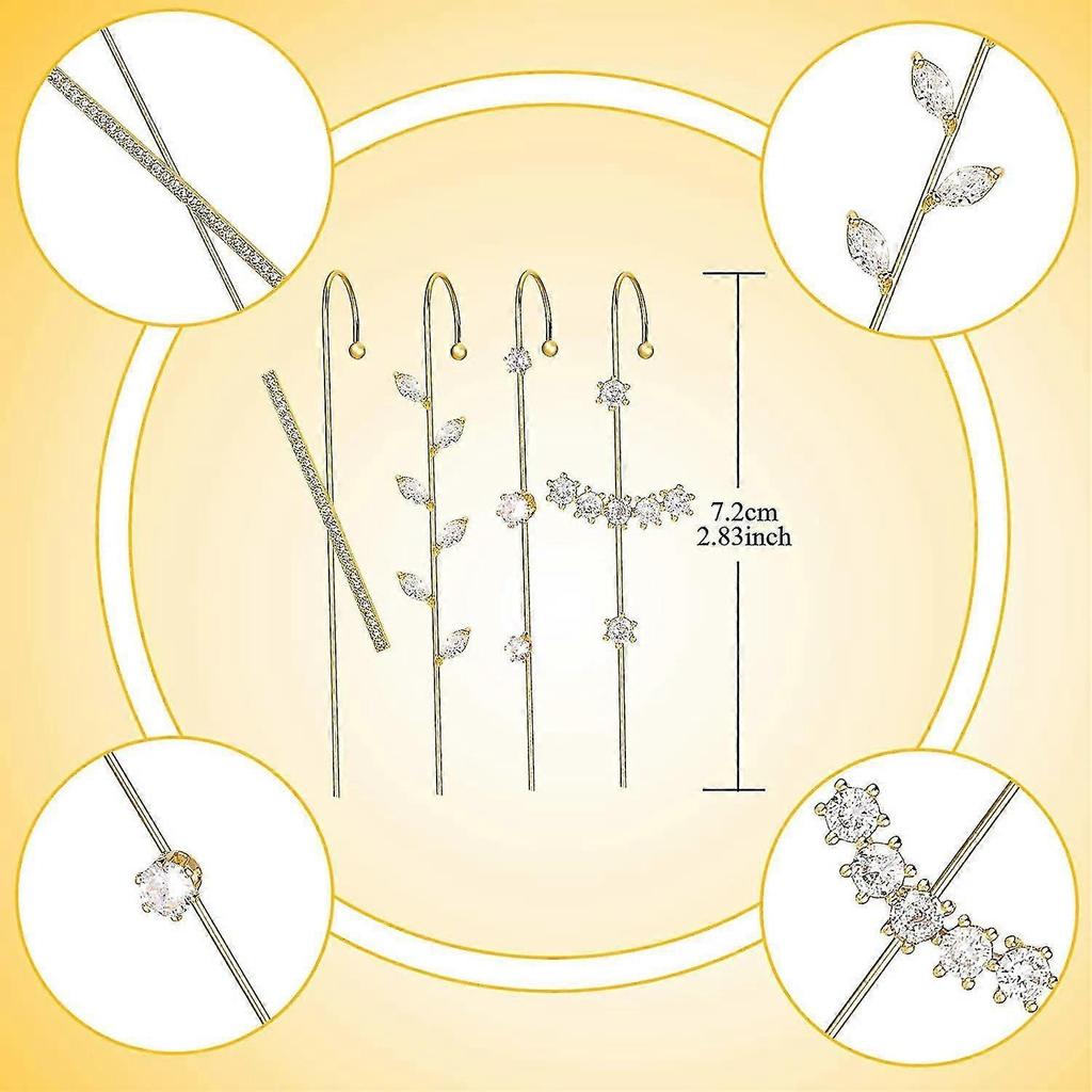 4 Pairs Ear Cuff Wrap Crawler Hook Earrings Gold Plated Rhinestone Crawler Earrings Long Piercing Wrap Climber Earrings for Women Valentine Birthday