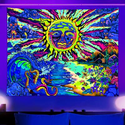1pc Burning Sun Tapestry, UV Responsive Fluorescent Tapestry, Wave Sunset Skull Mushroom Flower Plant Bohemian Tapestry