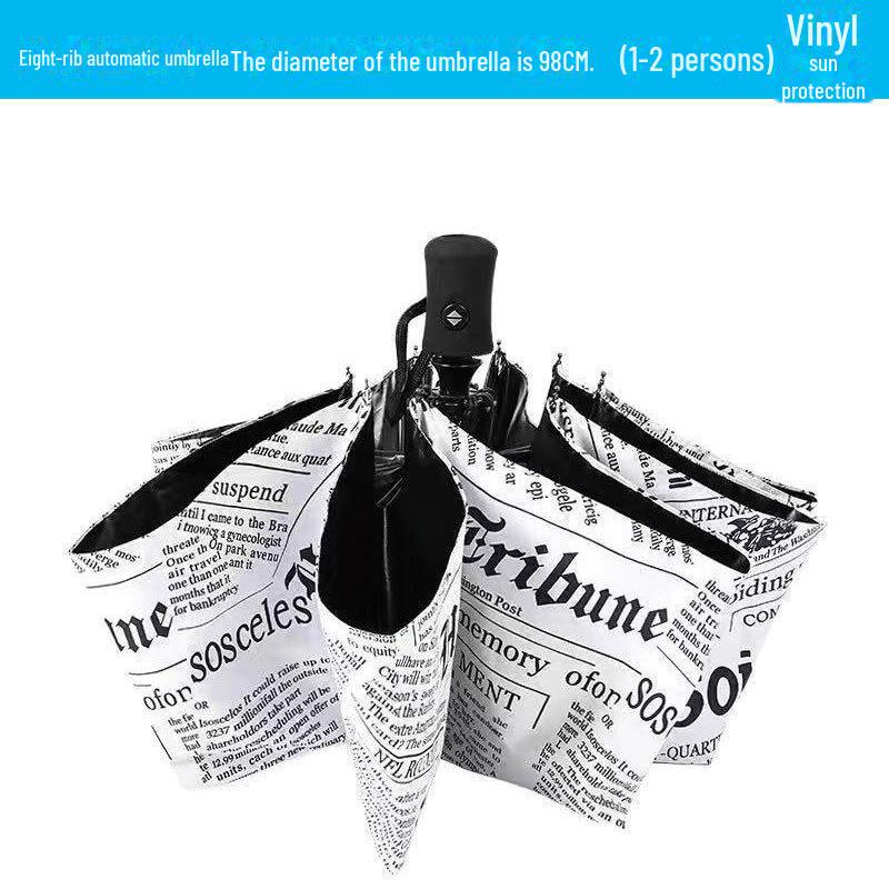 Pánský retro černý skládací slunečník – Unisex, vzor novin.