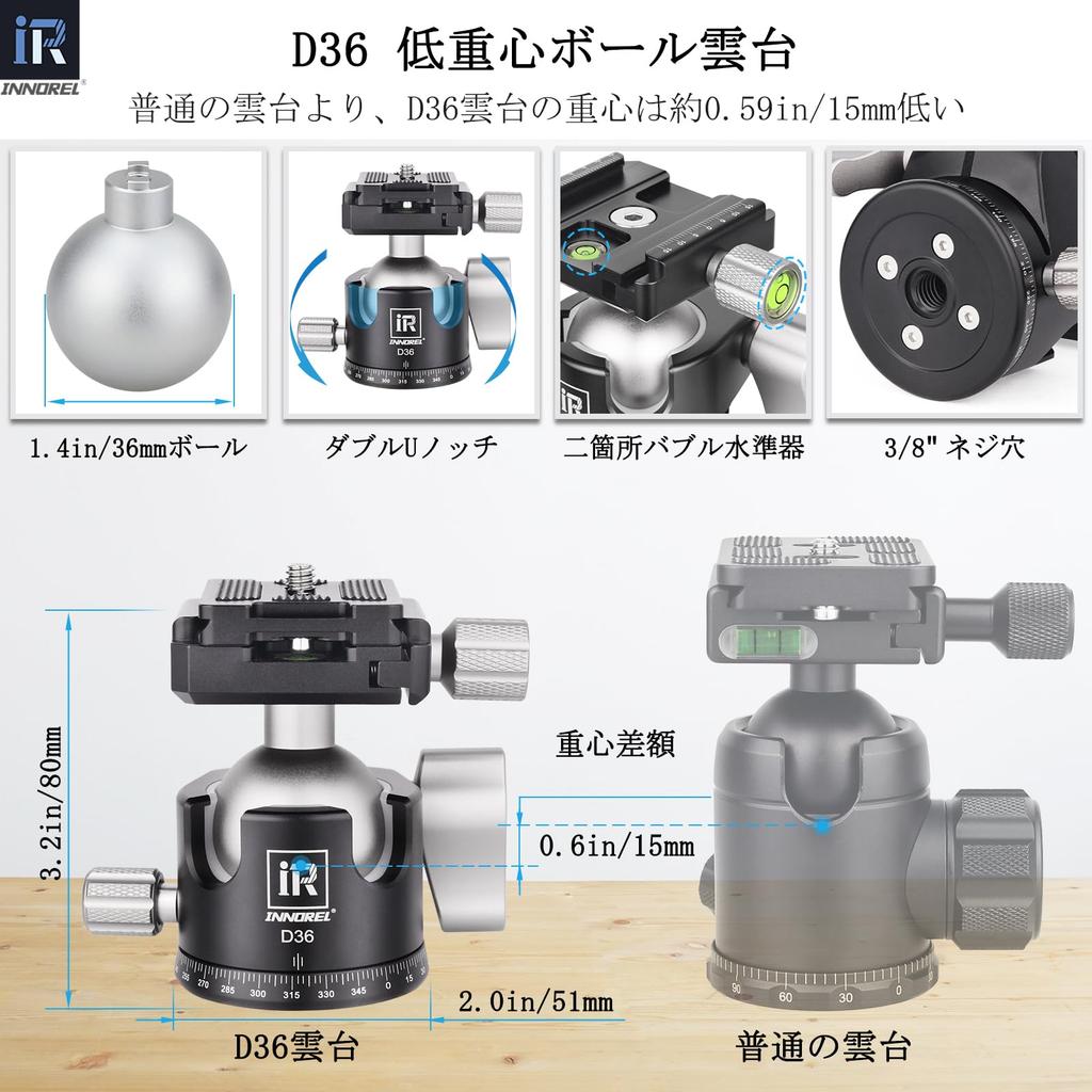 INNOREL Carbon Fiber Camera D36 with Pan 15kg Maximum Load Working Pipe Compact for Video Digital and DV Travel and with Center Pole and Bag Tripod