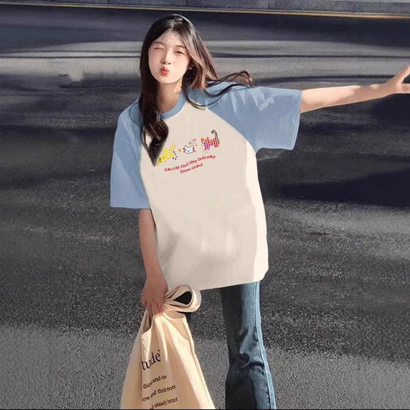 College Style Outfit with Large Size Rag-shoulder Color Block Short-sleeved Cotton T-shirt for Girls In Spring and Summer New Loose Round Neck Top