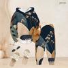 Women Plus Size Blue White Printed Two Piece Set Long Sleeve Hooded Top Cuffed Pants