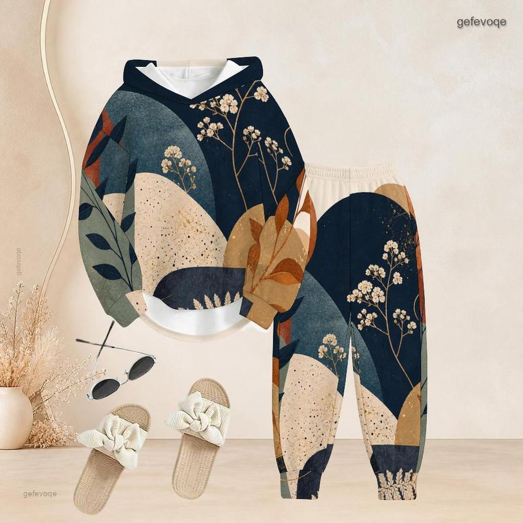 Women Plus Size Blue White Printed Two Piece Set Long Sleeve Hooded Top Cuffed Pants