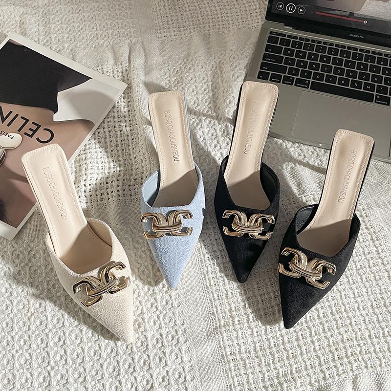 New Summer Women Sandals Shoes Metal Chain Flats Pointed Toe Women's Slippers Ladies Casual Shoes Outside Slides