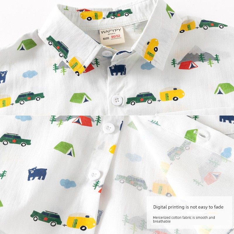 Children's Long-Sleeved Dinosaur Shirt, Spring and Autumn Boys' Cartoon Car Shirt, Baby Boy's Lapel Sun Rainbow Top