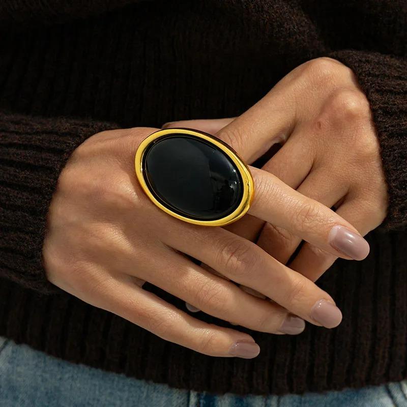 New Vintage Elegant Black Brown Shading Resin Stone Chunky Metal Ring Women Fashion Unique Charm Party Girl Jewelry Gift 2026