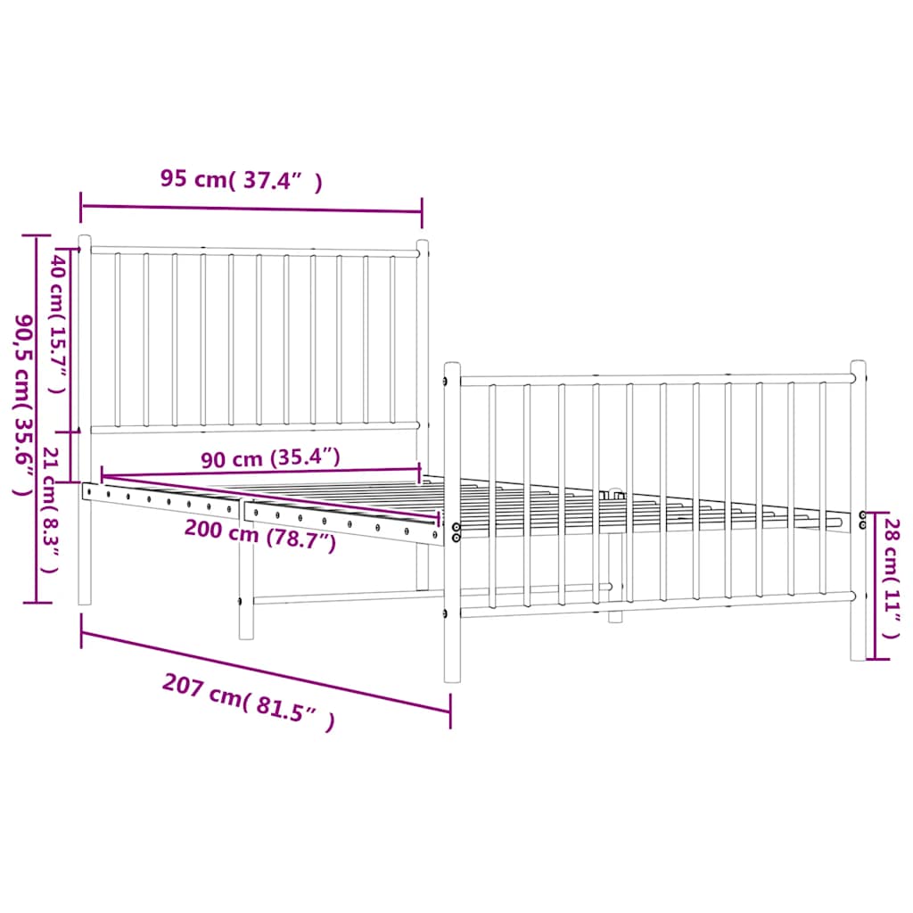 Metal Bed Frame with Headboard and Footboard White 90x200 cm