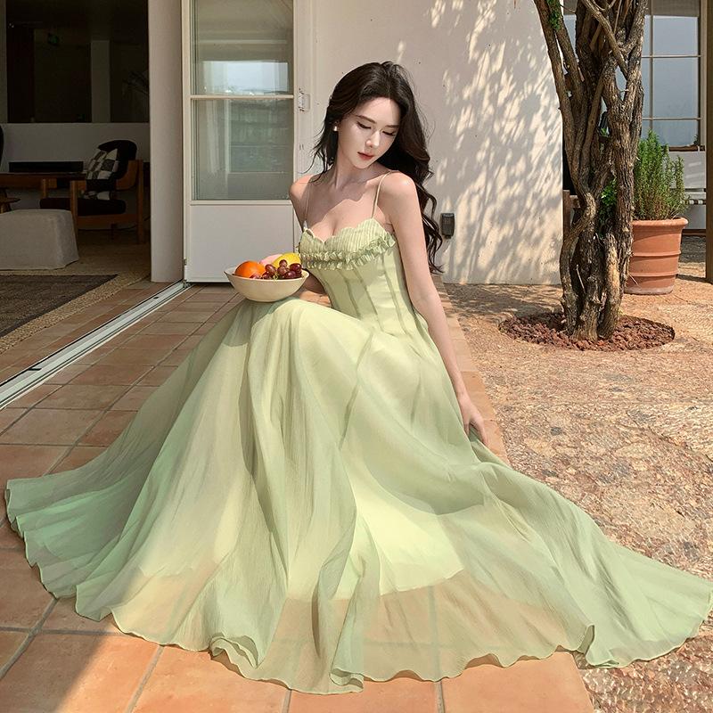 Holiday style suspender dress women's 2026 spring new chiffon tube top long dress temperament skirt