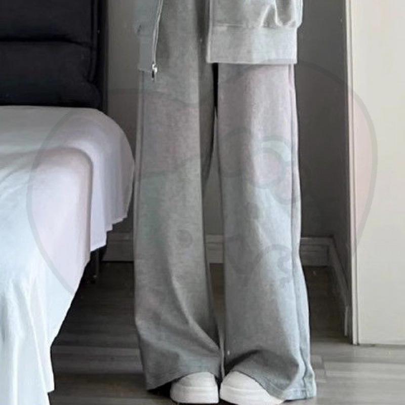 Dámská šedá mikina s kapucí a široké kalhoty - Ležérní podzimní/zimní dvoudílný set s kardiganovou bundou - Trend