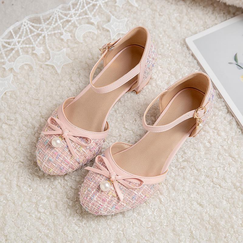 Children Girls High Heel Shoes For Kids Princess Sandals Fashion Bow Thick Heel Shallow Women High Heels For Party Wedding 30-43