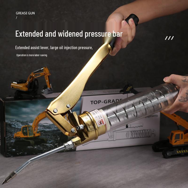 Quanker Heavy-Duty 600CC Transparent Grease Gun for Excavators, Manual High-Pressure Dual Rod Design.