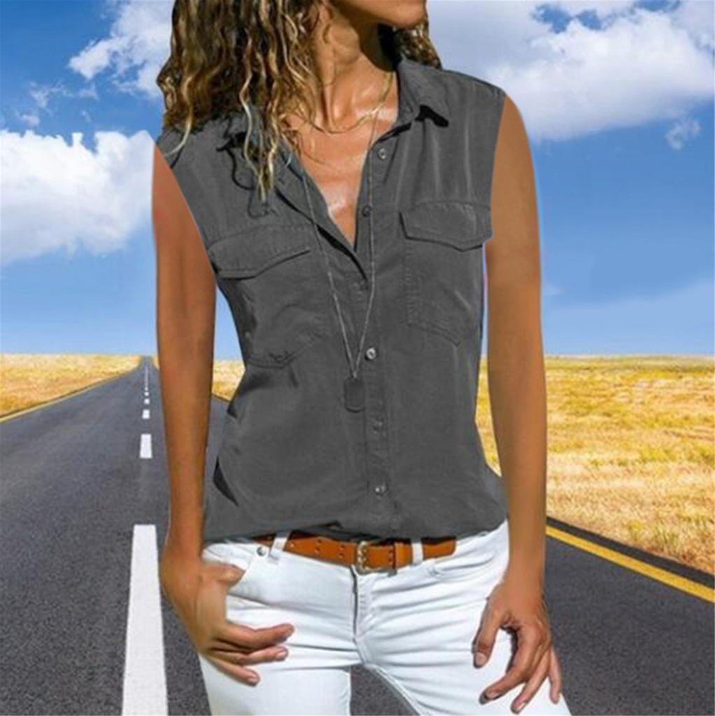 Women Casual Sleeveless Turn Down Collar Pockets Button Front Shirt Tops