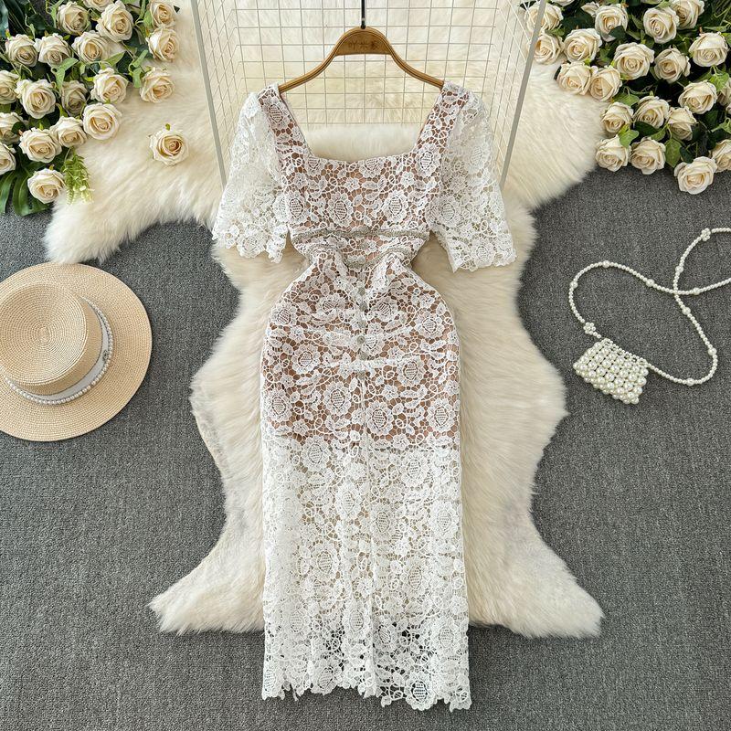 

Lace Square Collar Stylish Tight Waist Slim Looking Dress Goddess Temperament 2024 Summer New Arrival French Style Hepburn Dress White One size