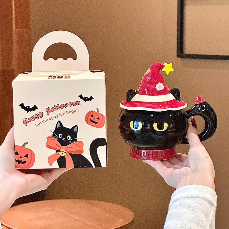 Creative Halloween gift magic hat cat ceramic mug with lid for girls practical mug souvenir gift box
