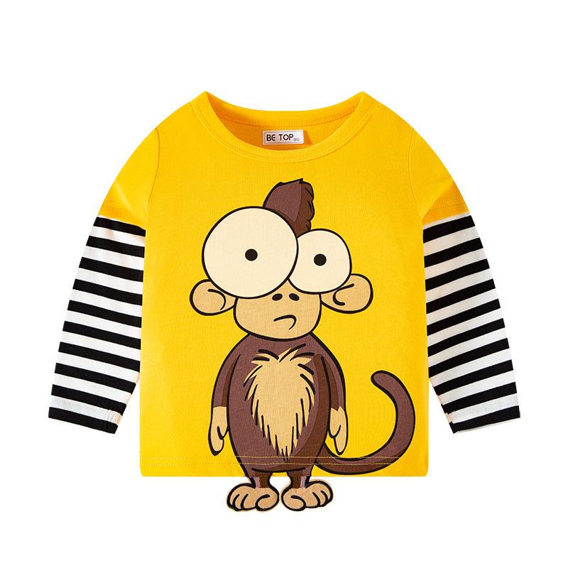 Spring & Autumn 2025 Kids' 3D Cartoon T-shirt with Striped Sleeves - 100% Cotton for Boys