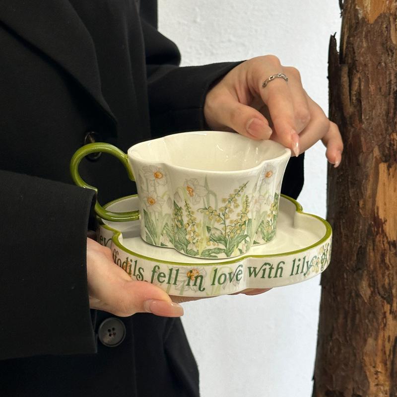 Green Lily of the Valley Mug Ceramic Coffee Cup Saucer Set Gift Box Girls Birthday Gift Mid-Autumn Festival Souvenir