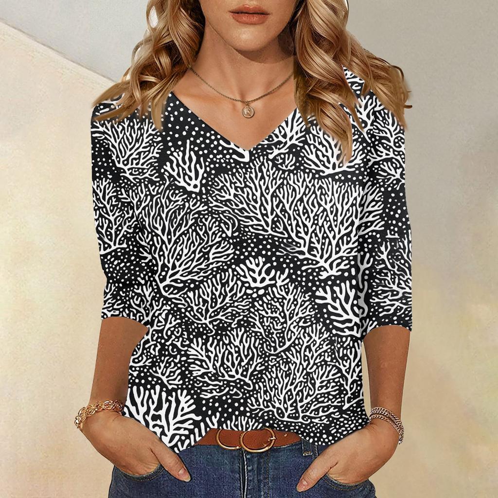 Women's Tops Three-quarter Sleeve Shirt V-neck Loose Casual Shirt Textured Printed T-shirt
